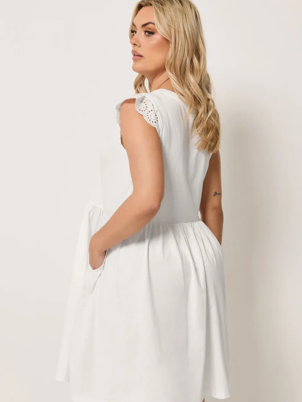 Yours Witte Jurk Met Broderie Anglaise En Peplum-64, foto 3