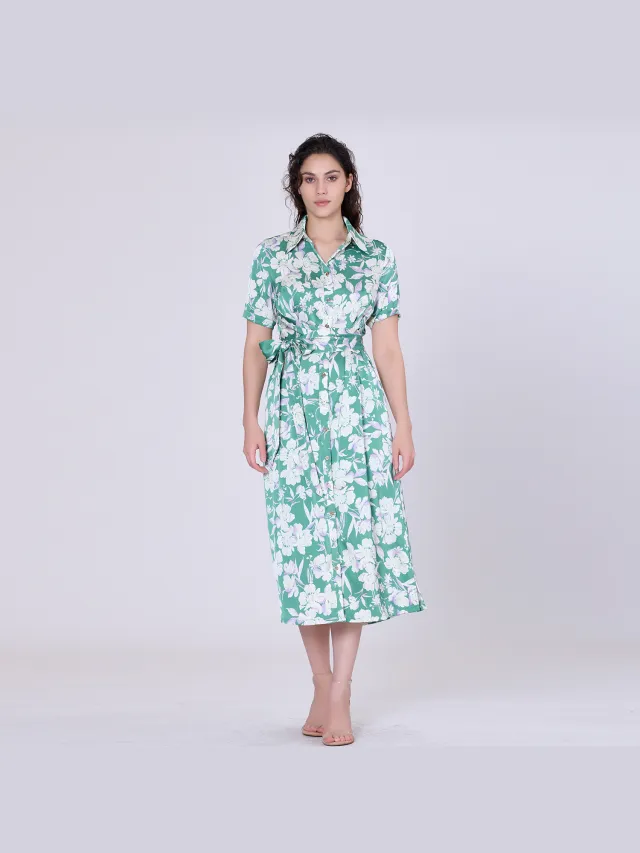 Smart & Joy Macro Flower Print MIDI-shirt- Jurk Groen