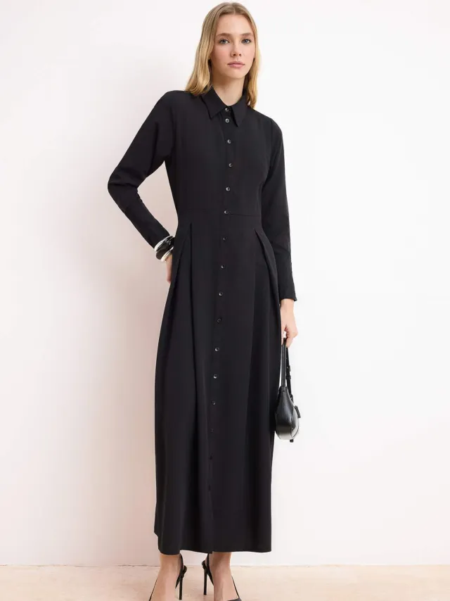 Turkishsouq Dames maxi-jurk, plat model, lang, casual/dagelijks, A-lijn model, geschikt voor hijab Zwart