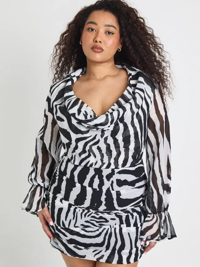 boohoo Dames Plus Zebraprint Chiffon Cowl Neck Hemdenjurk