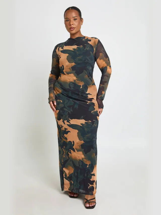 boohoo Dames Plus Geprinte Mesh Maxi-Jurk met Lage Rug Multicolor