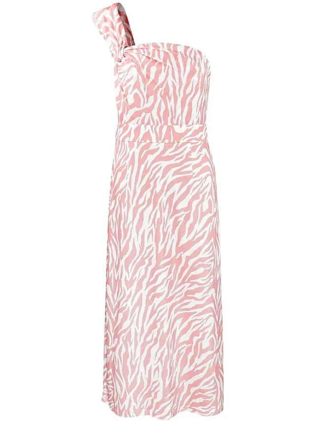 YW YEHWANG YWG - Polyester Vrouwen Maxi Jurk Een-Schouder Zebra Print - Roze