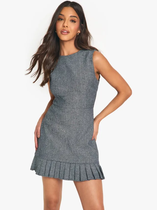 boohoo Dames Op maat gemaakte tweed mini-jurk met geplooide zoom Houtskool