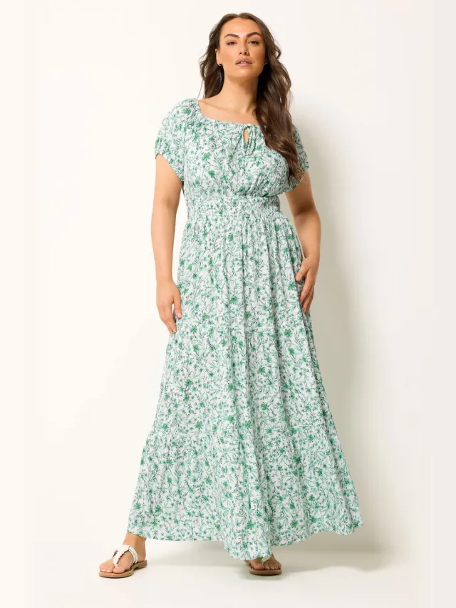 Yours Groene Bardotmaxijurk Met Bloemenprint Green