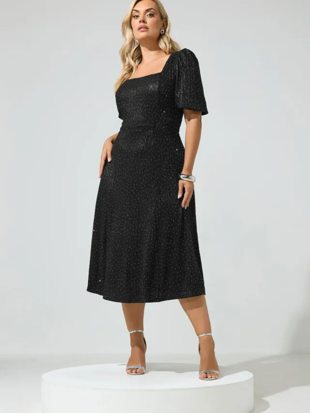 Yours London Zwarte Metallic Midijurk Met Studs Black