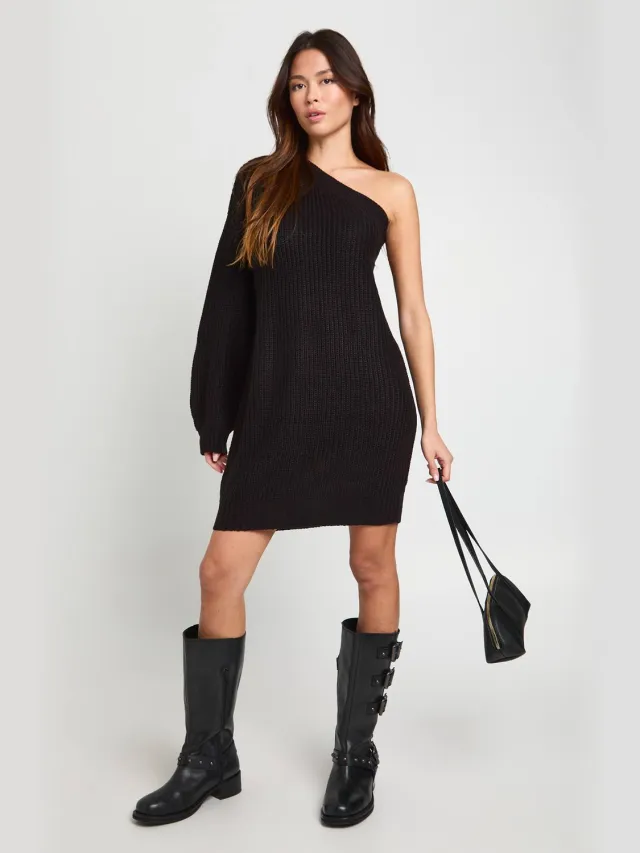 boohoo Dames Gebreide One Shoulder Mini Jurk Zwart