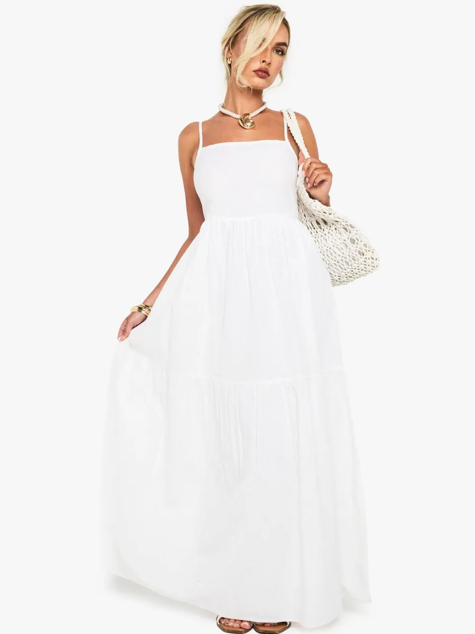 boohoo Dames Gelaagde linnen maxi-jurk met bandjes wit, foto 2