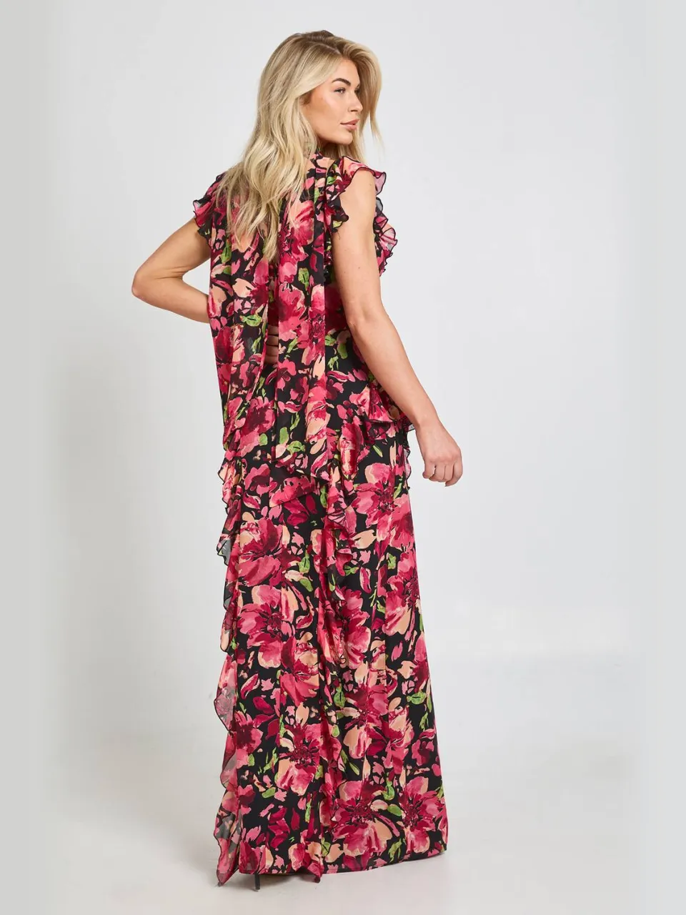 boohoo Dames Maxi Jurk Met Bloemenprint, Ruches En Sjaal roze, foto 2