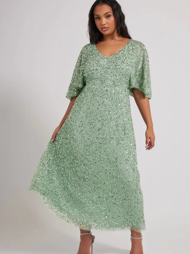Luxe: Ultimate Embellishment Luxe Maxi Jurk Met Paillettenversiering En Engelmouwen In Saliegroensize 54-56 Green