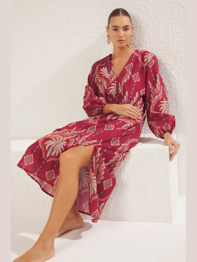 Trendyol TRENDYOLMİLLA Dames Meerkleurig Etnisch patroon Maxi Lang Strandkleding Recht Jurken Veelkleurig