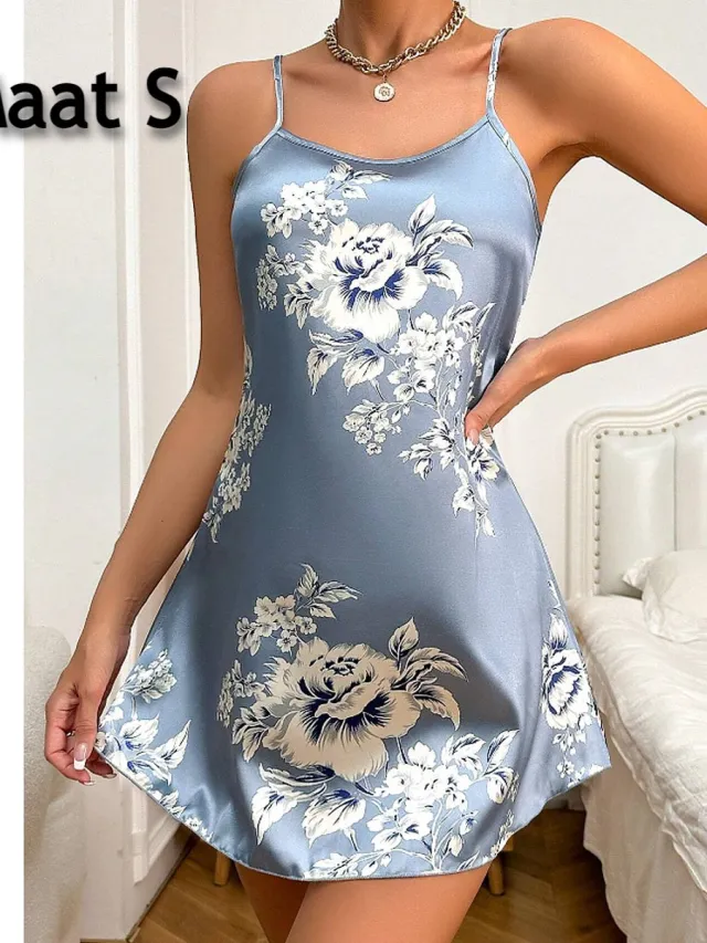 LaGloss Satijnen Nachtjurk Blauw met Bloemenprint - Spaghetti Bandjes - Mini Lengte - Elegante Onderjurk voor Dames - Maat S **