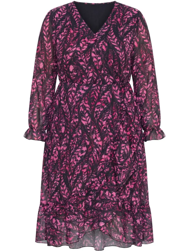 MIAMODA Dames - Chiffon midi-jurk wikkelook A-lijn all-overprint - Wijnrood