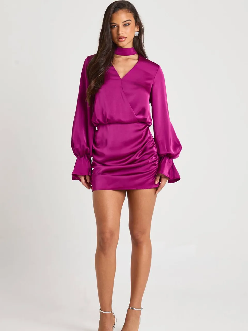 boohoo Dames Satijn Blouson Wikkeljurk magenta, foto 2