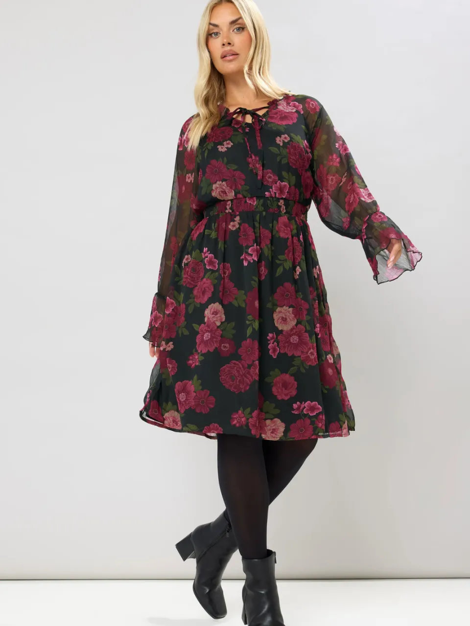 Yours Zwarte Midijurk Met Bloemenprint En Strikhals-68, foto 4