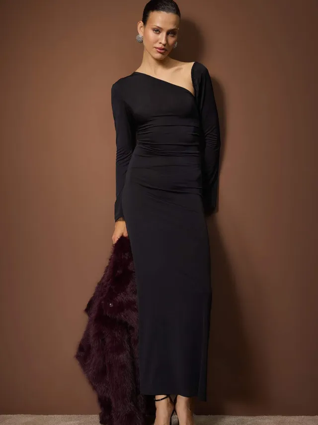Trendyol TRENDYOLMİLLA Dames Zwart Effen Maxi Lang Diploma-uitreiking / Gala A-lijn Avond & Gala Jurk