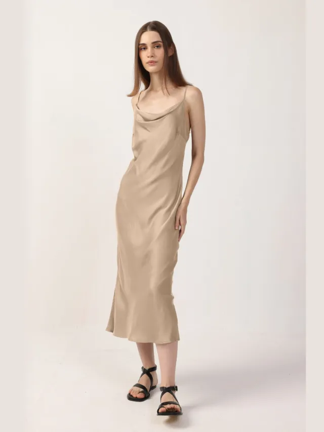Neu Nomads dames vegan Midi Jurk Cowl Neck Goldie Goud Beige