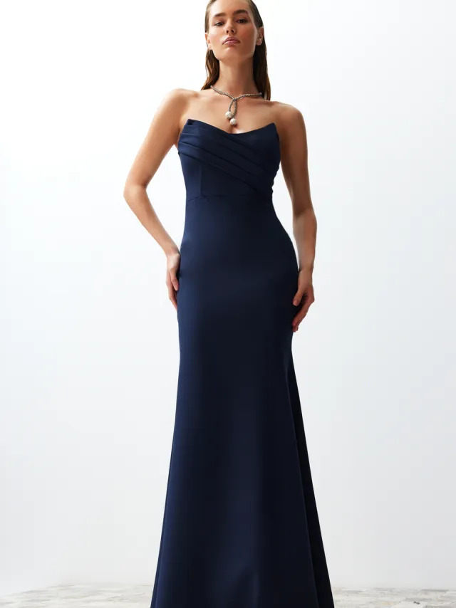 Trendyol TRENDYOLMİLLA Dames Donkerblauw Effen Maxi Mouwloos Diploma-uitreiking / Gala A-lijn Avond & Gala Jurk Marineblauw/Blauw