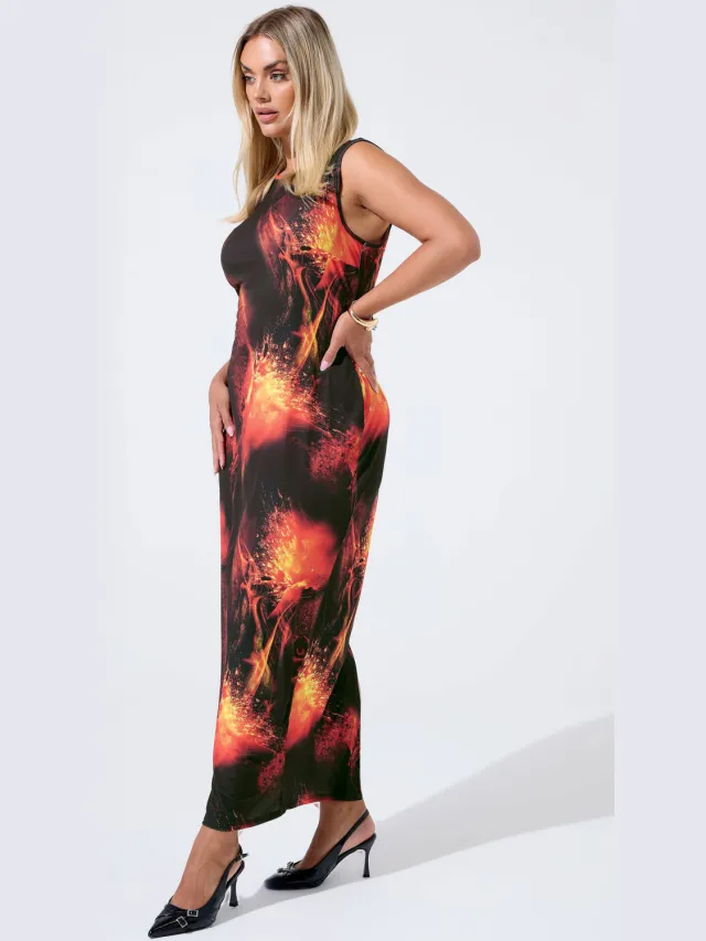Limited Collection Maxi Jurk Zonder Mouwen Met Vuurprint In Zwart/Rood-52, foto 2