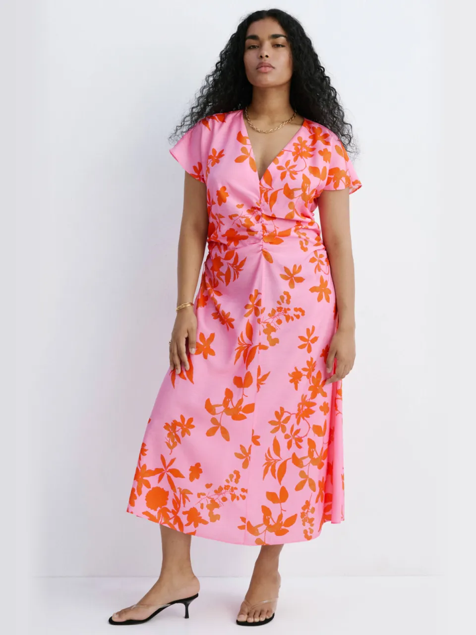 Mango viscose midi gebloemde jurk - roze Roze / Oranje