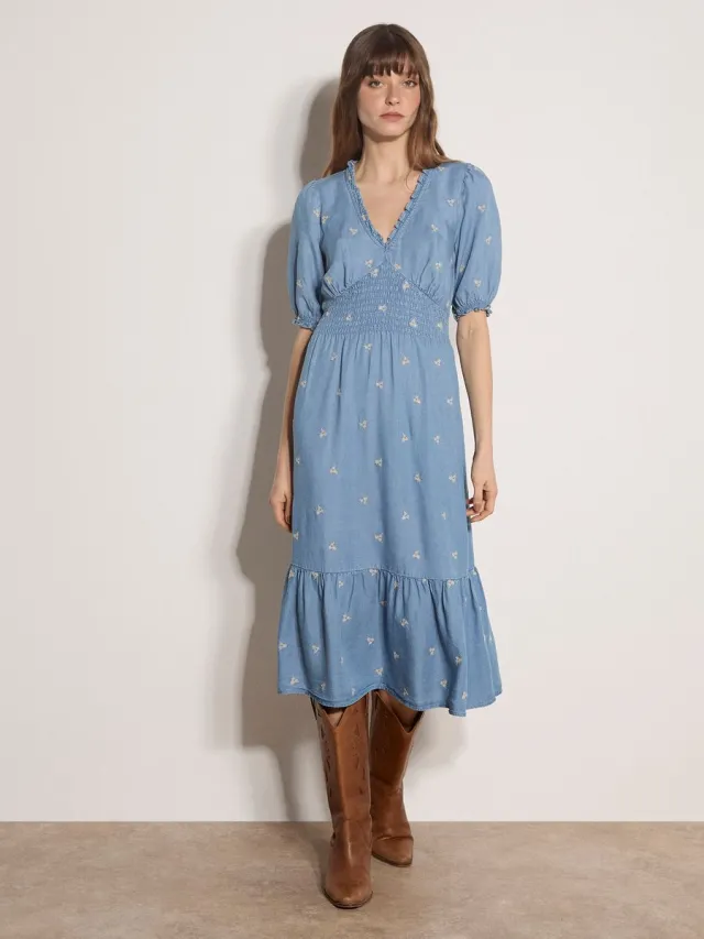 Apricot Midi-jurk van denim met geborduurde bloemen Blauw