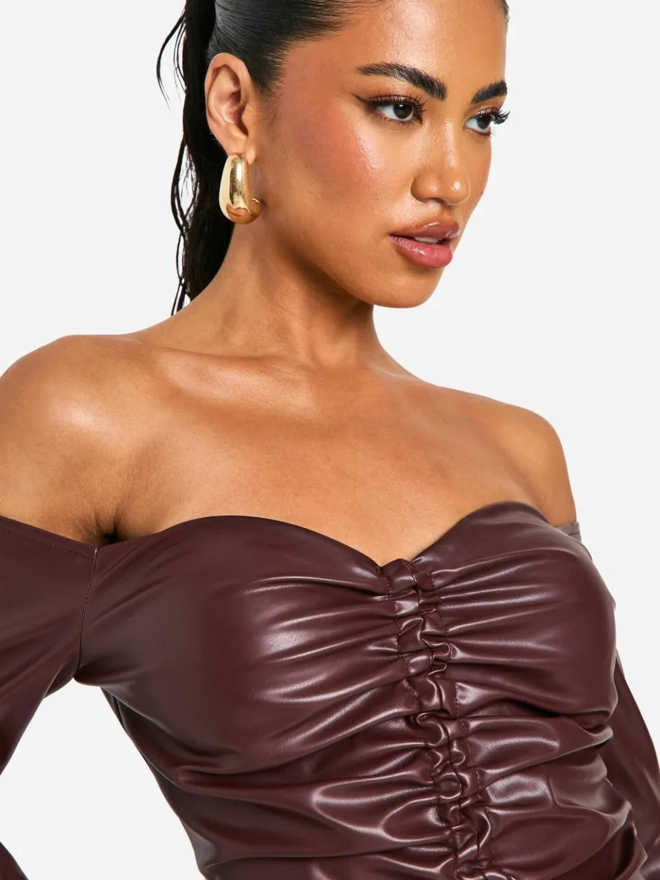 boohoo Dames Nep Leren Gerimpelde Mini Jurk chocoladebruin, foto 3
