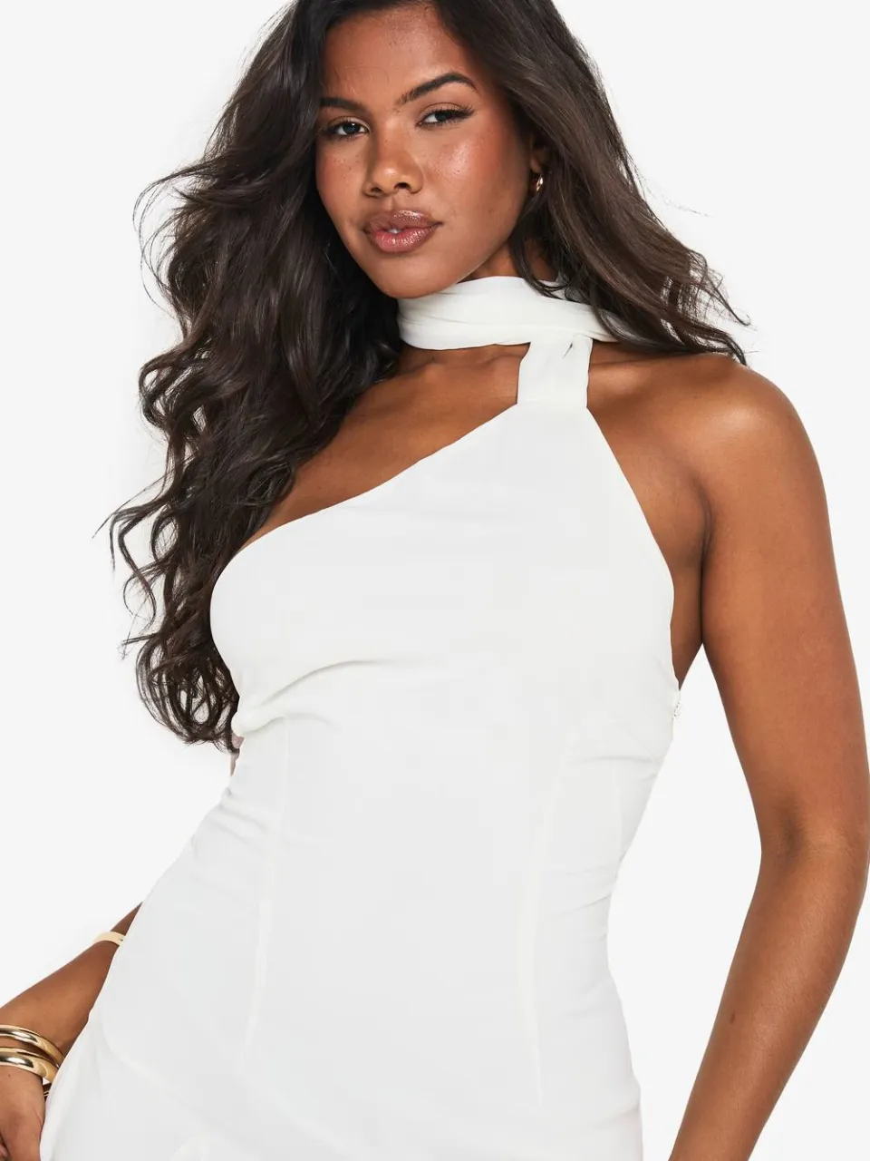 boohoo Dames Chiffon asymmetrische godetnaad minijurk crème, foto 4