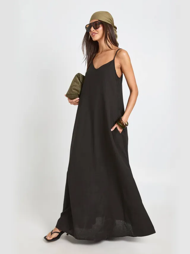 boohoo Dames Linnen Zakdoek Zoom Maxi Jurk Zwart