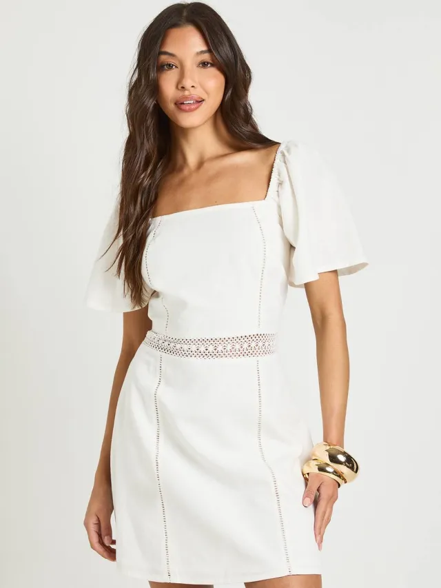 boohoo Dames Mini Jurk Met Haakwerk Detail En Linnen Look Crème