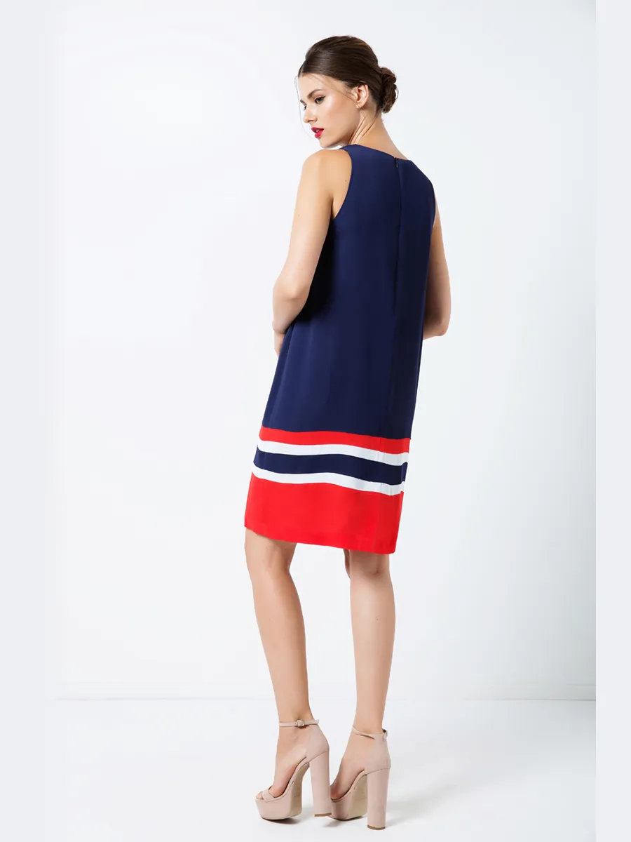 Conquista Mouwloze Blauwe Jurk met Multicolour Paneel Detail, foto 2