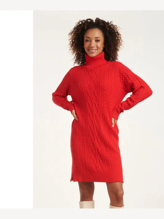 Smashed Lemon 24629 gebreid jurk met vlechtstructuur Rood