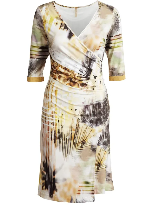 Conquista Faux Crossover print jurk Mosterdgeel