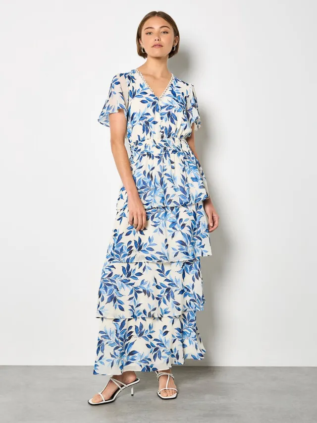 Apricot Maxi-jurk met chiffon lagen en bladeren in aquarel Blauw