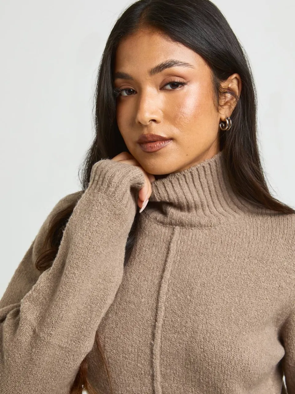 boohoo Dames Petite Gebreide Mini Trui-jurk Met Hoge Hals En Naaddetail taupe, foto 4