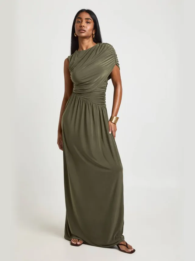 boohoo Dames Dubbele Laag Slinky Mouwloze Gerimpelde Lichaam Maxi Jurk Olijf