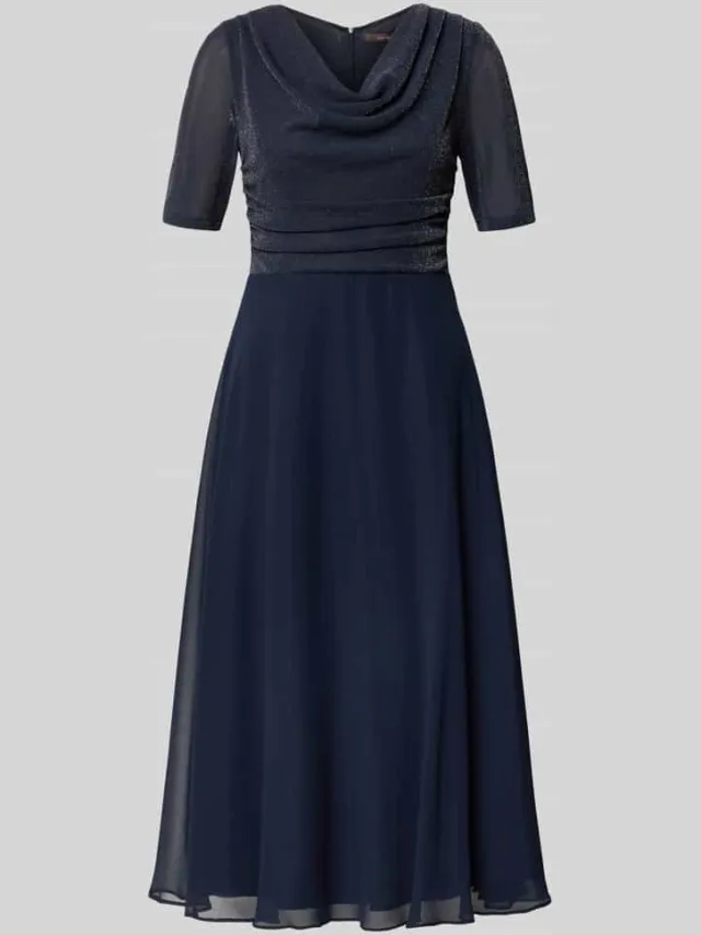Vera Mont fit and flare cocktailjurk met watervalhals marineblauw, foto 2