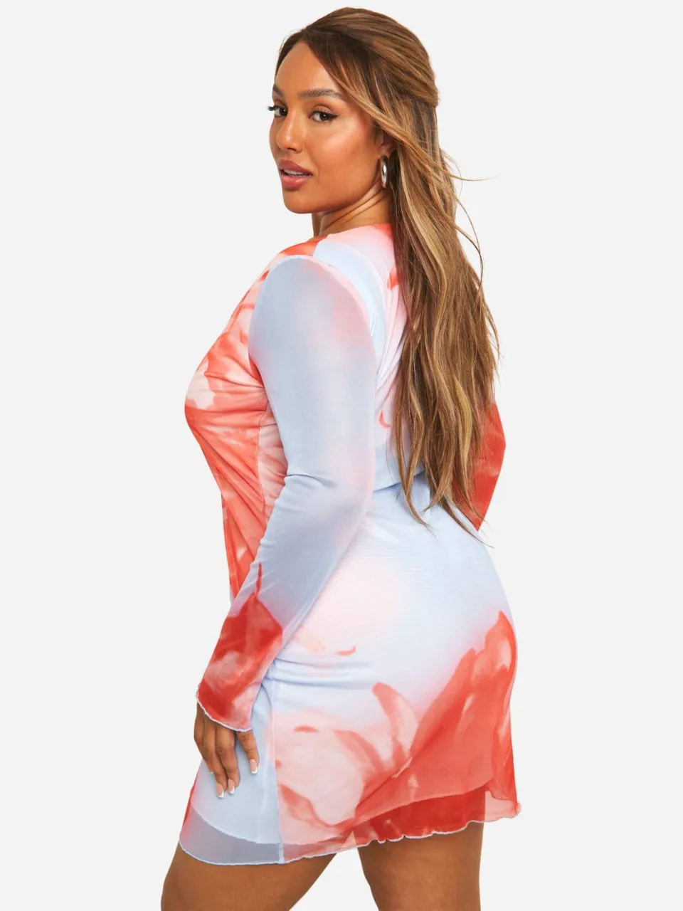 boohoo Dames Plus Mesh Bloemenprint Cut Out Detail Lange Mouwen Mini-Jurk blauw, foto 3