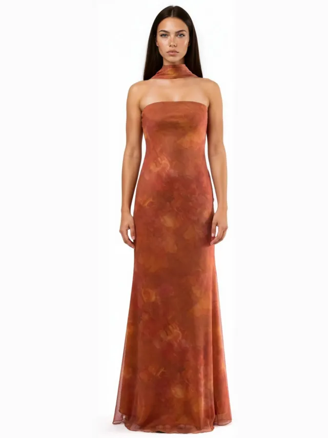Hiccup Strapless Bloemen Bodycon Maxi Jurk Oranje
