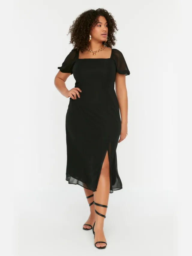 Trendyol Curve Dames Zwart Effen Midi Kort Casual A-lijn Grote maten Jurk