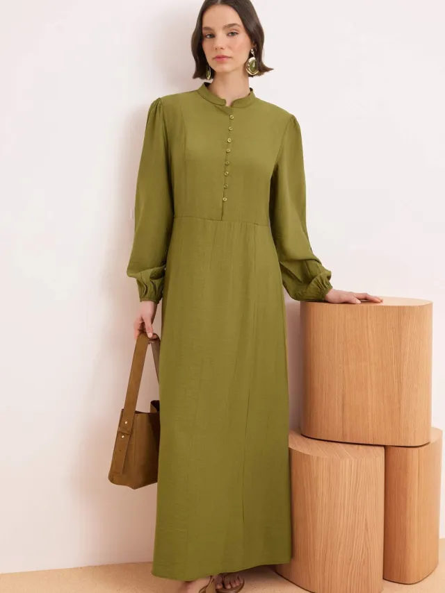 Turkishsouq Groene platte maxi-jurk voor dames, lange A-lijn model, geschikt voor hijab.