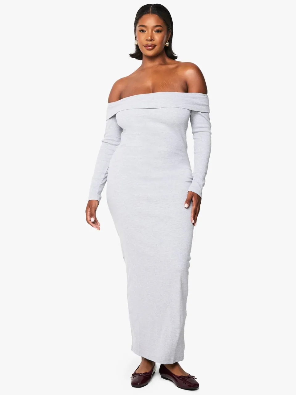 boohoo Dames Plus Basic Geribbelde Bardot Maxi Jurk grijze mergel, foto 3