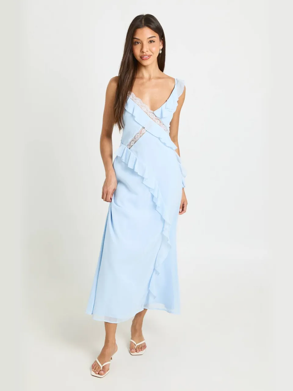 boohoo Dames Chiffon Kanten Midaxi Jurk Met Ruches pastelblauw, foto 3