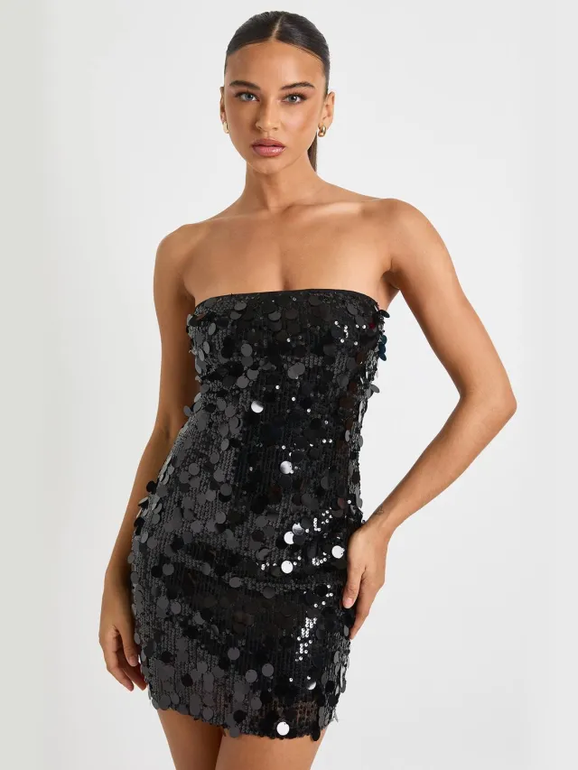 boohoo Dames Disc pailletten bandeau skaterjurk Zwart