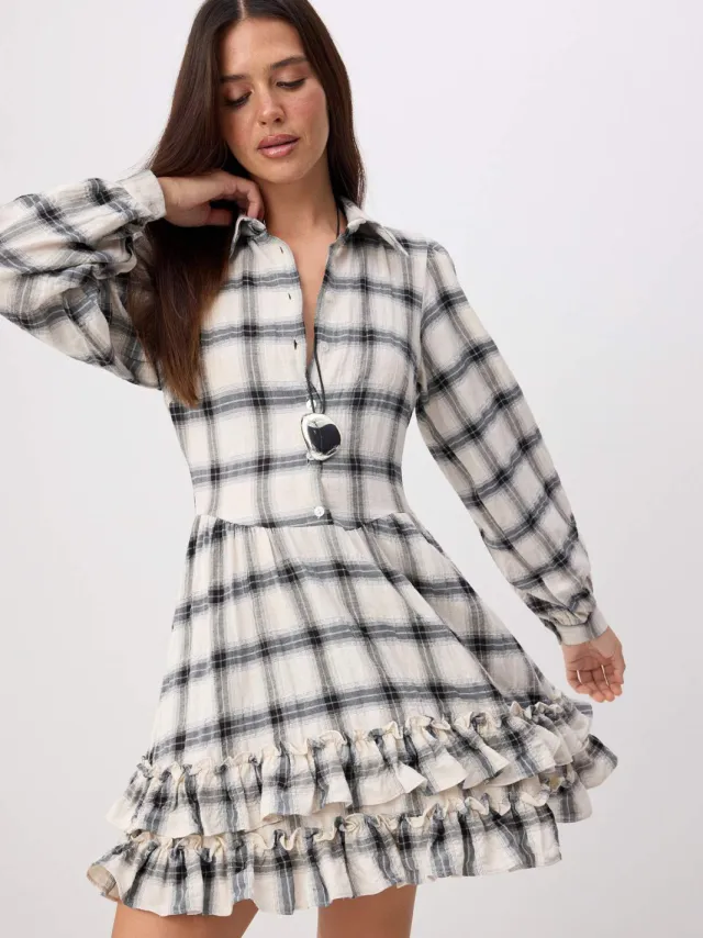 Trendyol TRENDYOLMİLLA Dames Ecru Geruit Kort / Mini Lang Casual Blousejurk Jurken