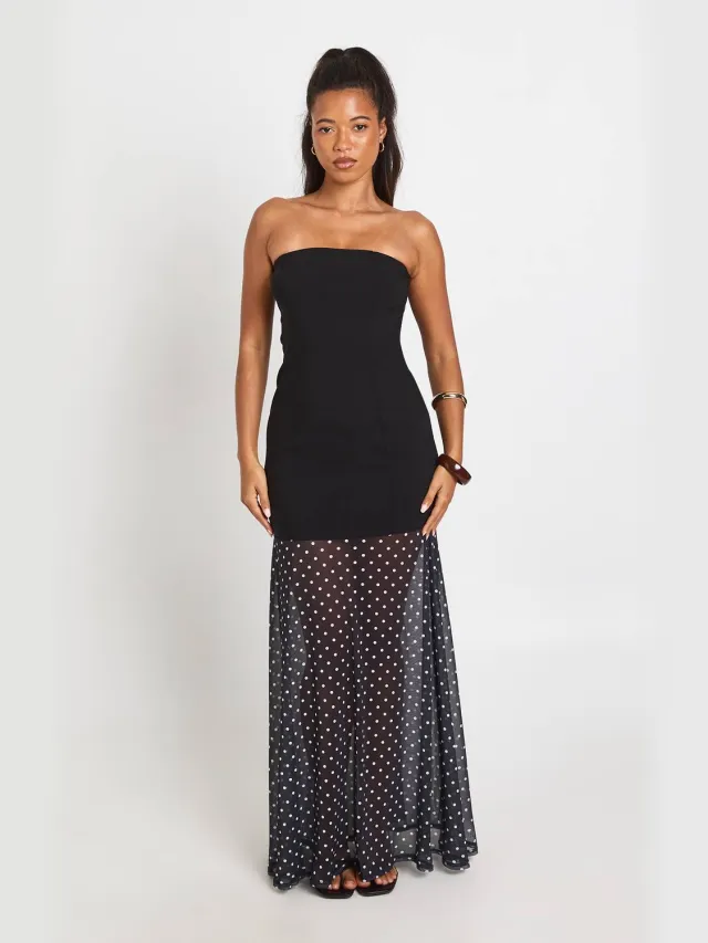 boohoo Dames Bengaline Bandeau Jurk Met Gestippelde Mesh Zoom Zwart
