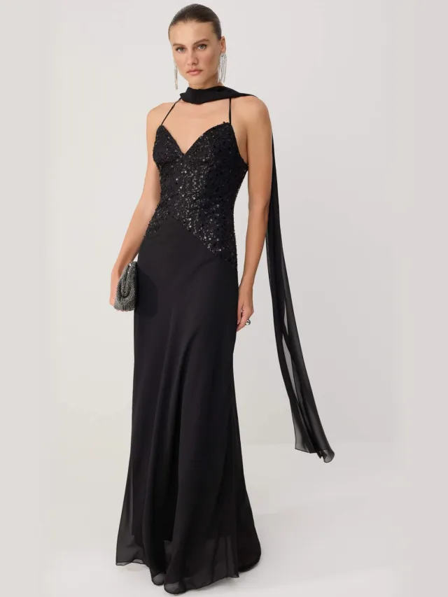 Trendyol TRENDYOLMİLLA Dames Zwart Effen Maxi Mouwloos A-lijn Avond & Gala Jurk
