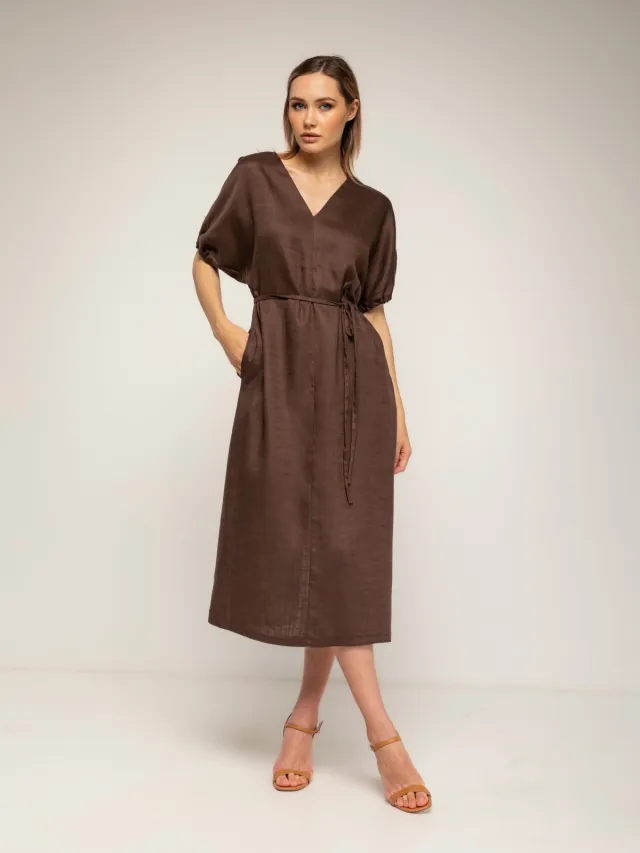Tantra Oversized jurk met gerimpelde mouwen, V-hals en een losse ceintuur Bruin