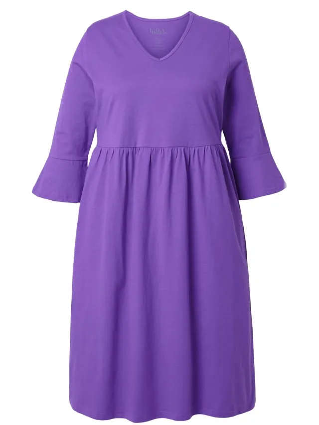 Ulla Popken Dames - Jersey jurk A-lijn V-hals 3/4-volantmouw - Purper - Maat 66+