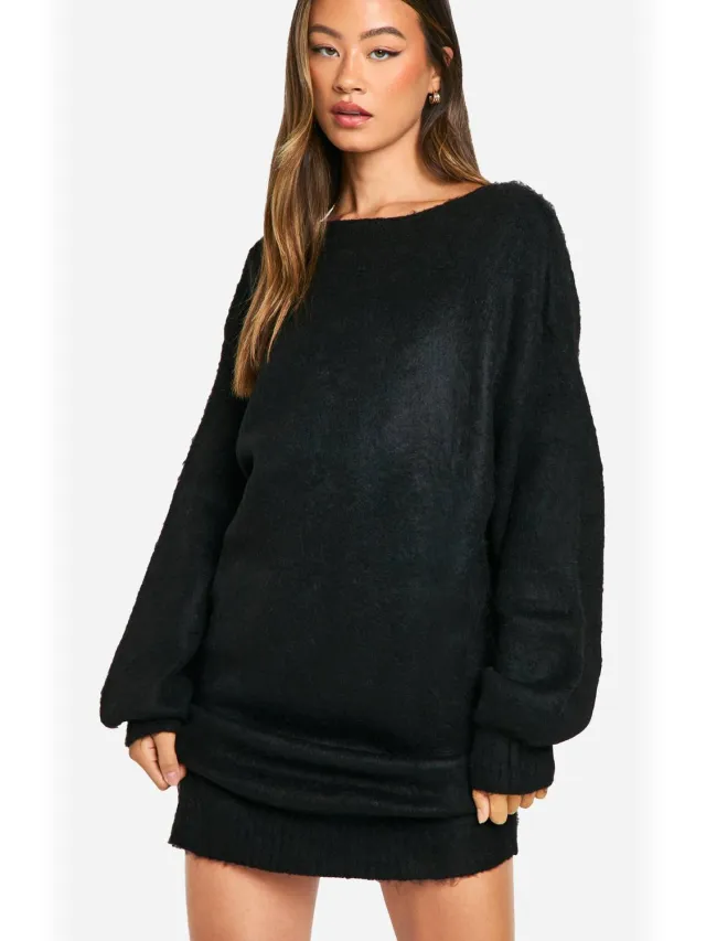 boohoo Dames Lange Geborstelde Low Back Oversized Jumper Jurk Zwart