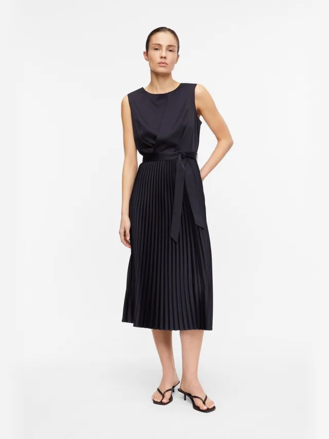 Comma female - Satijnen jurk met geplooide rok navy