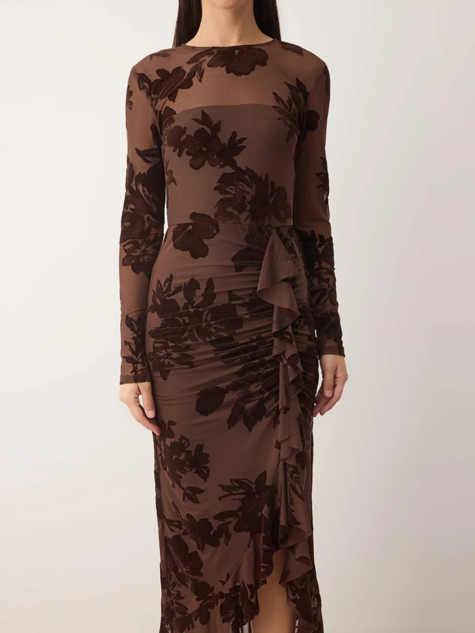 Turkishsouq Dames midi-jurk met bloemenprint, lange, chique/avondjurk, nauwsluitend bruin, foto 2